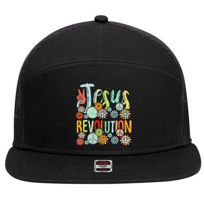 Jesus Revolution Faith Retro Groovy Flower Peace Sign 7 Panel Mesh Trucker Snapback Hat