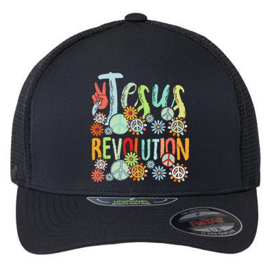 Jesus Revolution Faith Retro Groovy Flower Peace Sign Flexfit Unipanel Trucker Cap