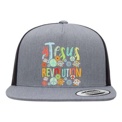 Jesus Revolution Faith Retro Groovy Flower Peace Sign Flat Bill Trucker Hat