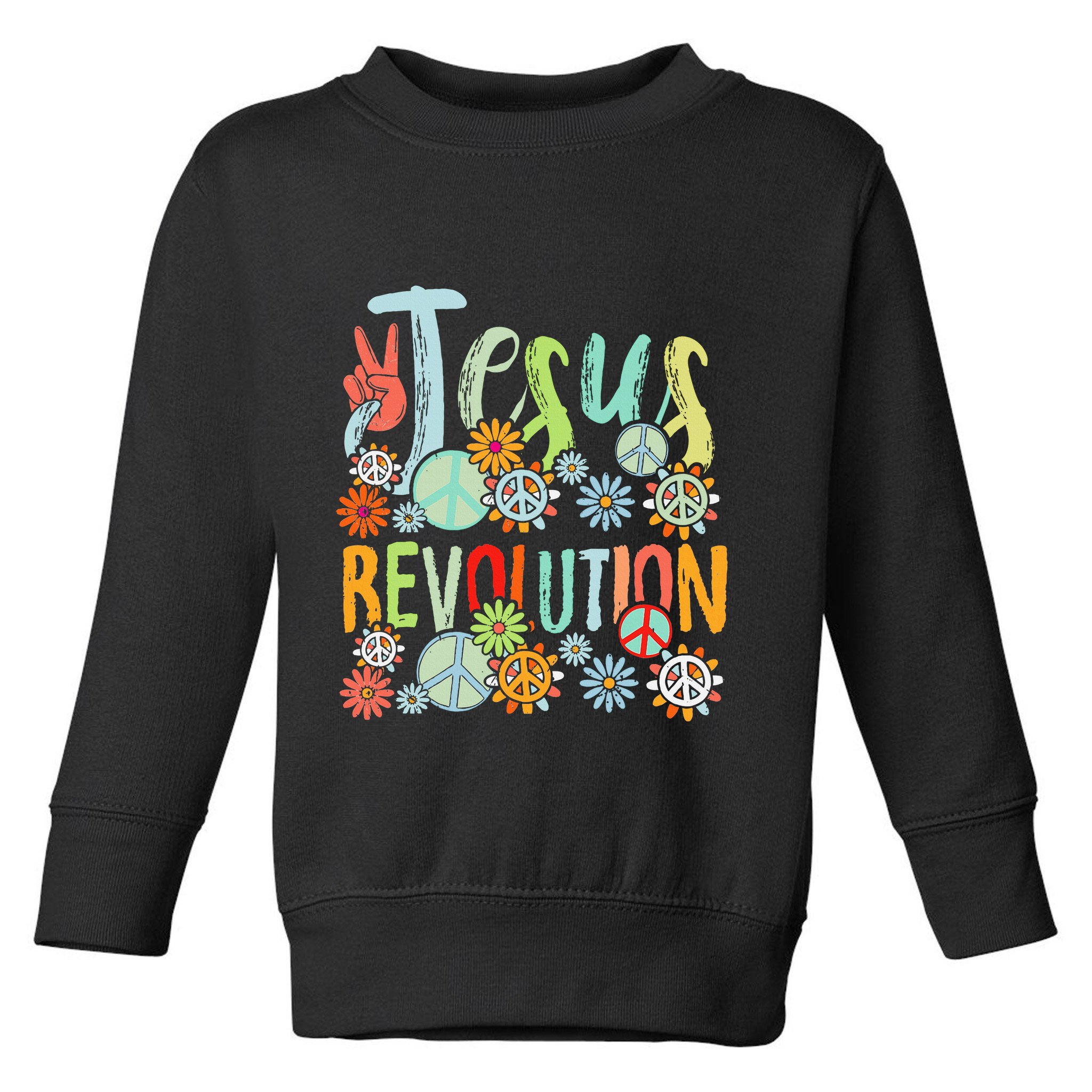 Jesus Revolution Faith Retro Groovy Flower Peace Sign Toddler Sweatshirt