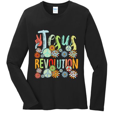 Jesus Revolution Faith Retro Groovy Flower Peace Sign Ladies Long Sleeve Shirt