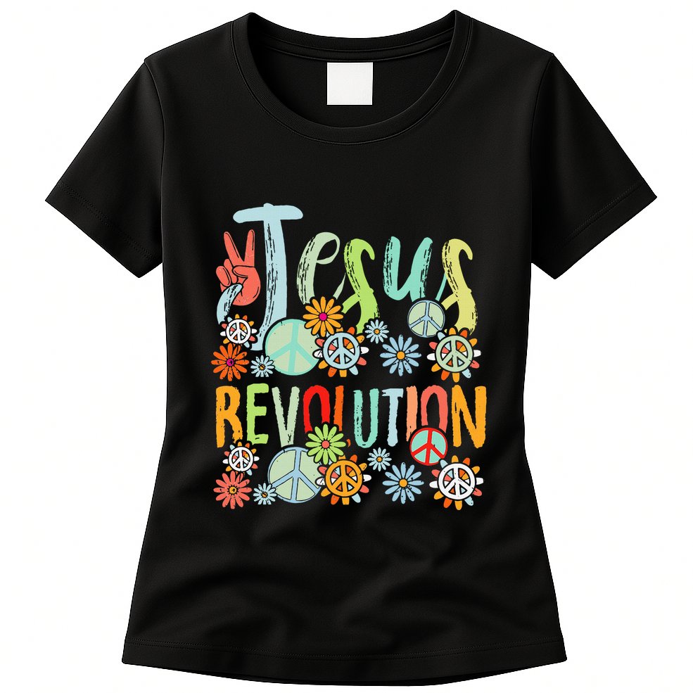 Jesus Revolution Faith Retro Groovy Flower Peace Sign Womens T-Shirt