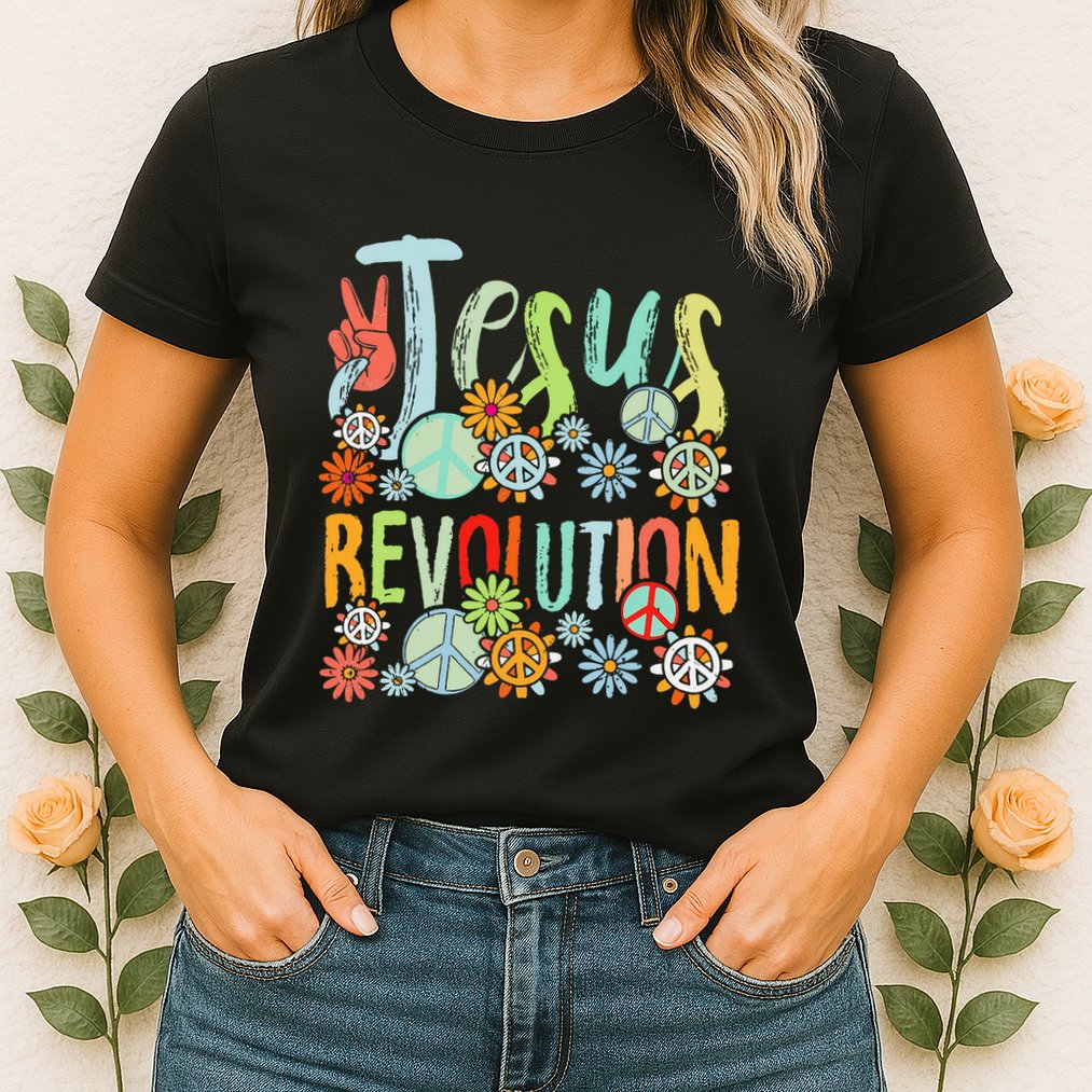 Jesus Revolution Faith Retro Groovy Flower Peace Sign Womens T-Shirt