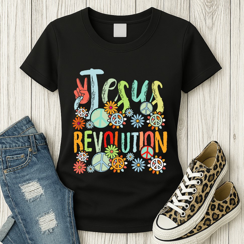 Jesus Revolution Faith Retro Groovy Flower Peace Sign Womens T-Shirt