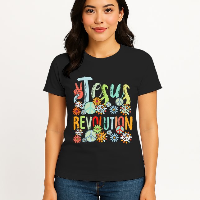 Jesus Revolution Faith Retro Groovy Flower Peace Sign Womens T-Shirt