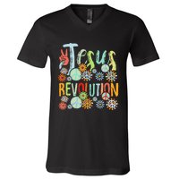 Jesus Revolution Faith Retro Groovy Flower Peace Sign V-Neck T-Shirt