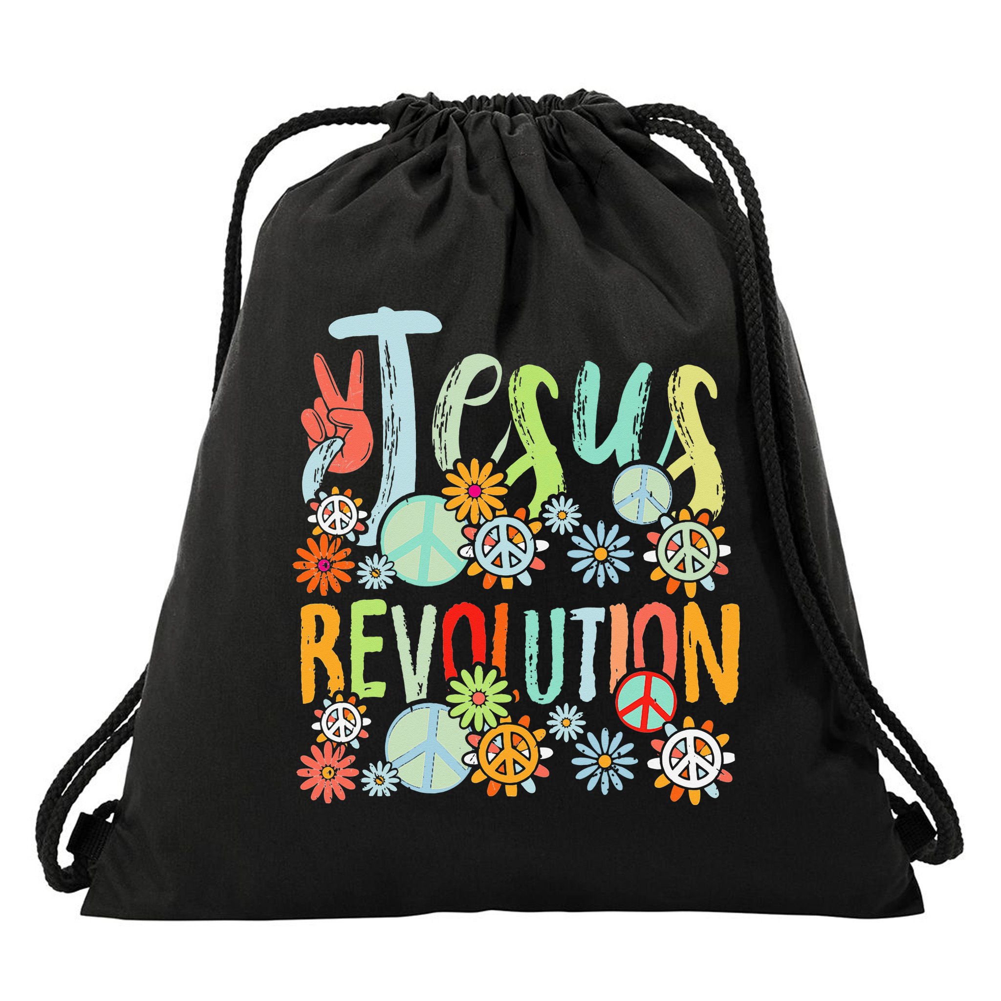 Jesus Revolution Faith Retro Groovy Flower Peace Sign Drawstring Bag