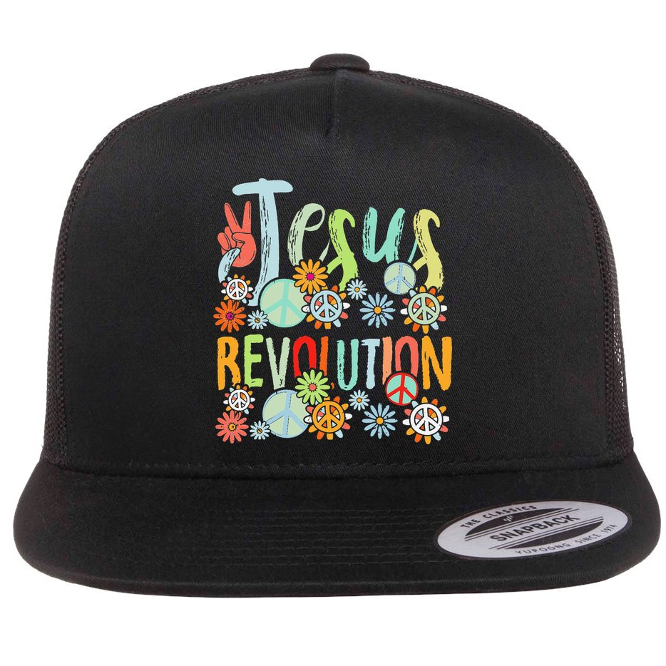 Jesus Revolution Faith Retro Groovy Flower Peace Sign Flat Bill Trucker Hat