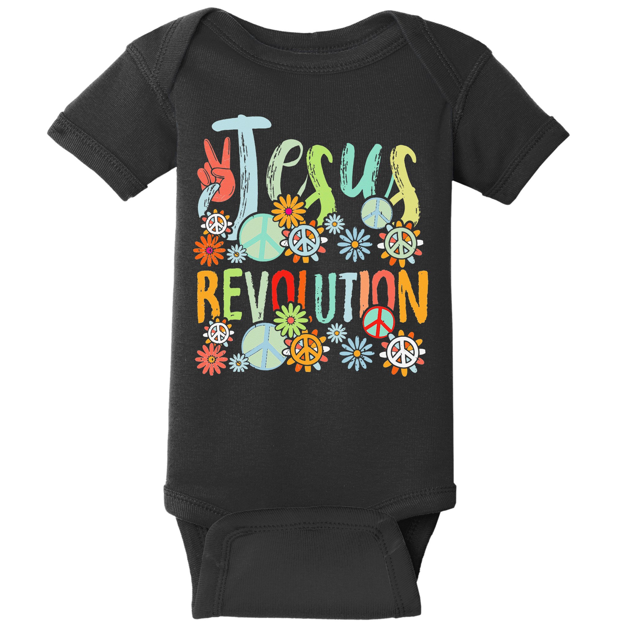 Jesus Revolution Faith Retro Groovy Flower Peace Sign Baby Bodysuit