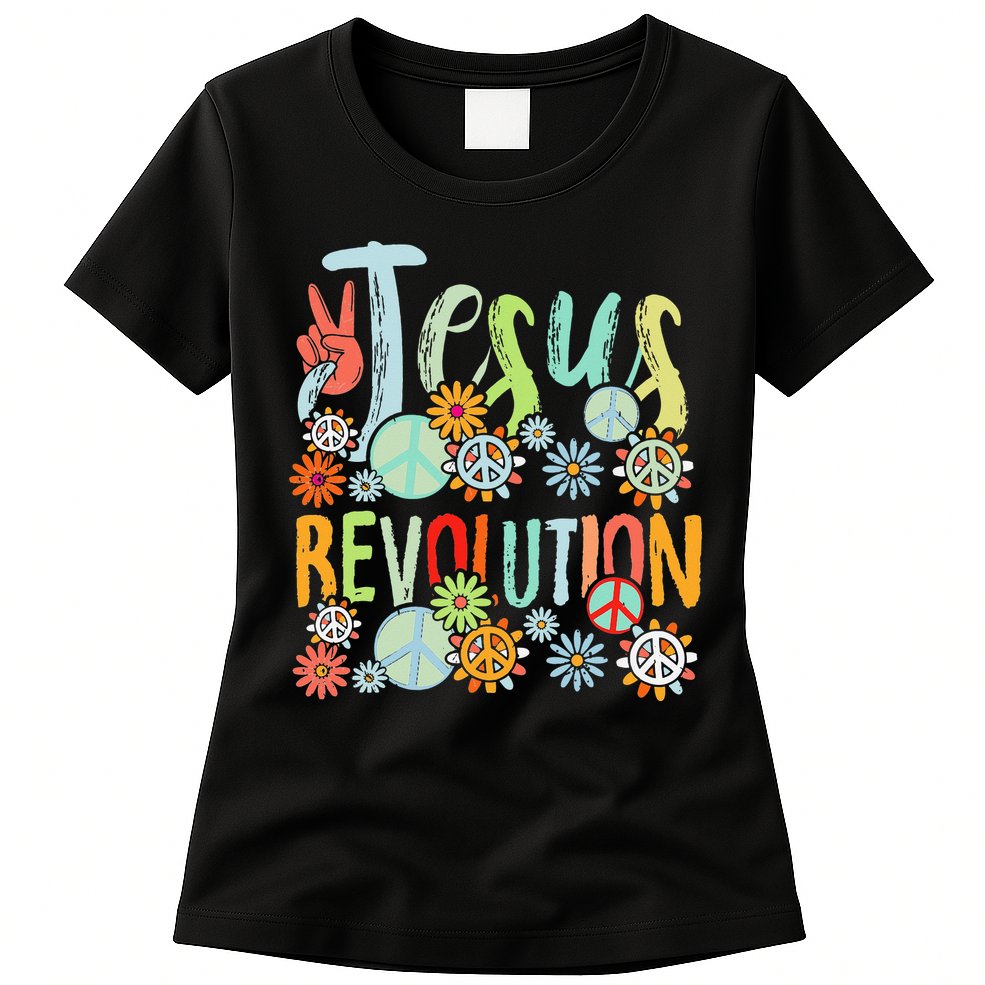 Jesus Revolution Faith Retro Groovy Flower Peace Sign Womens T-Shirt