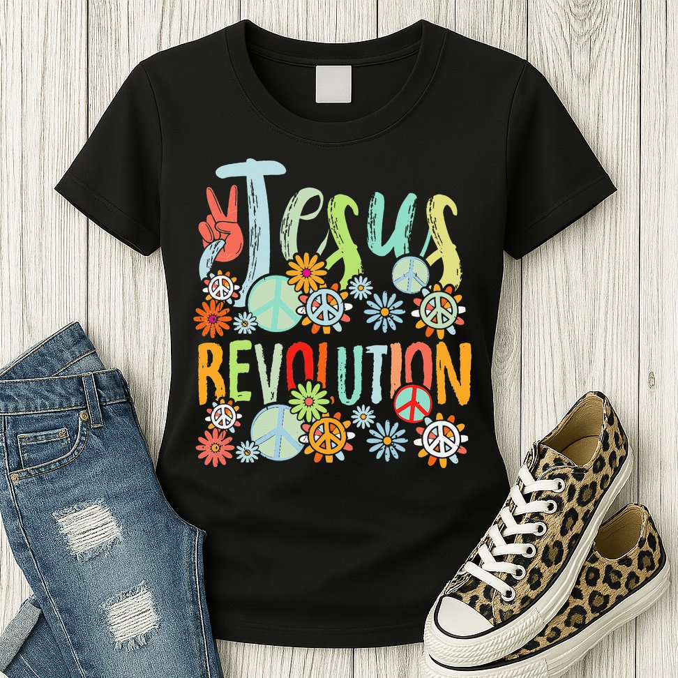 Jesus Revolution Faith Retro Groovy Flower Peace Sign Womens T-Shirt