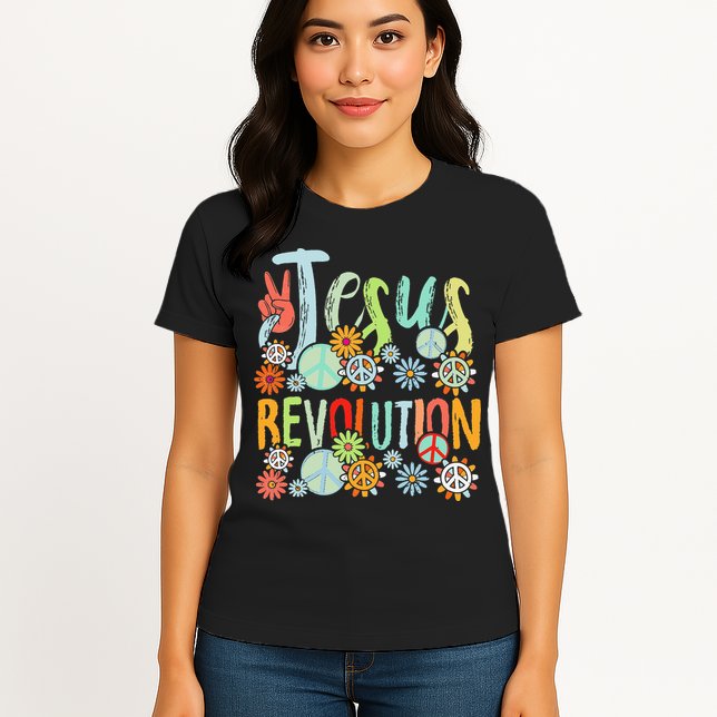 Jesus Revolution Faith Retro Groovy Flower Peace Sign Womens T-Shirt