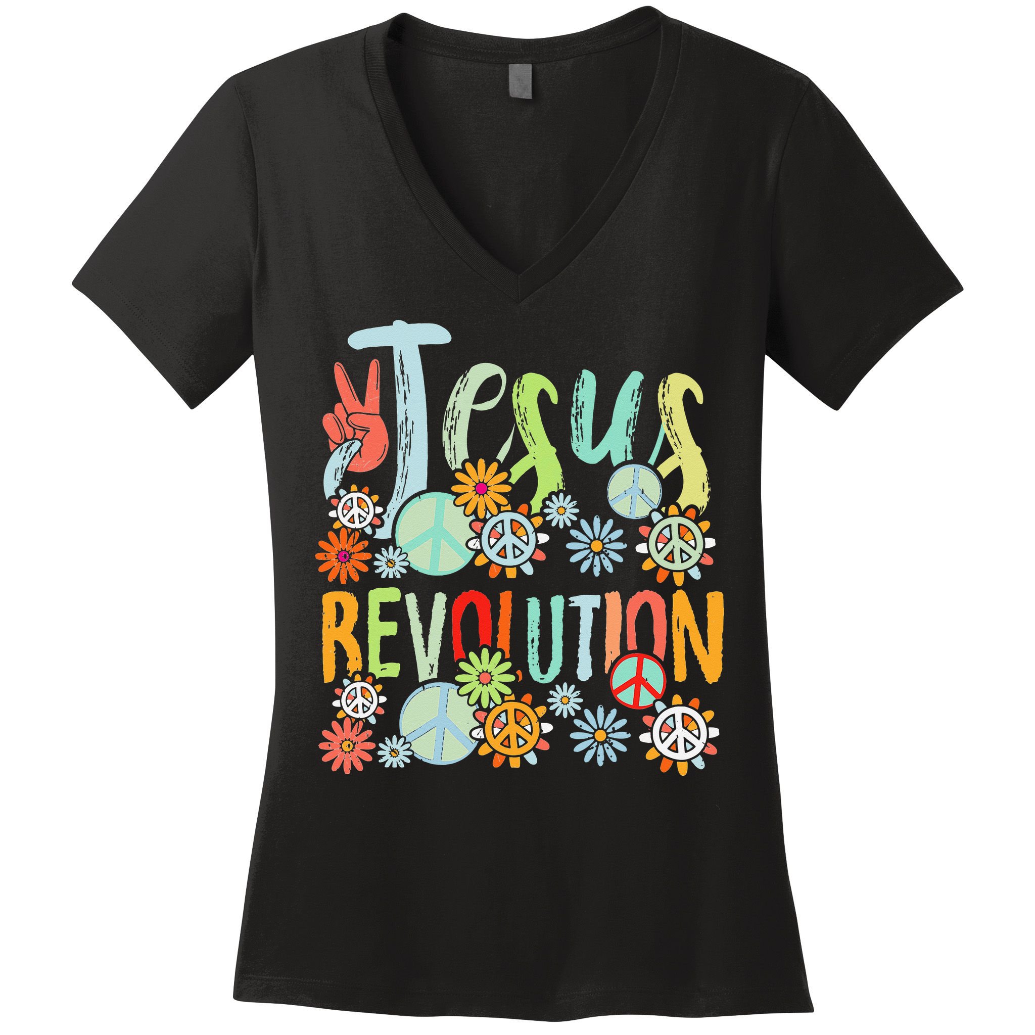 Jesus Revolution Faith Retro Groovy Flower Peace Sign Women's V-Neck T-Shirt