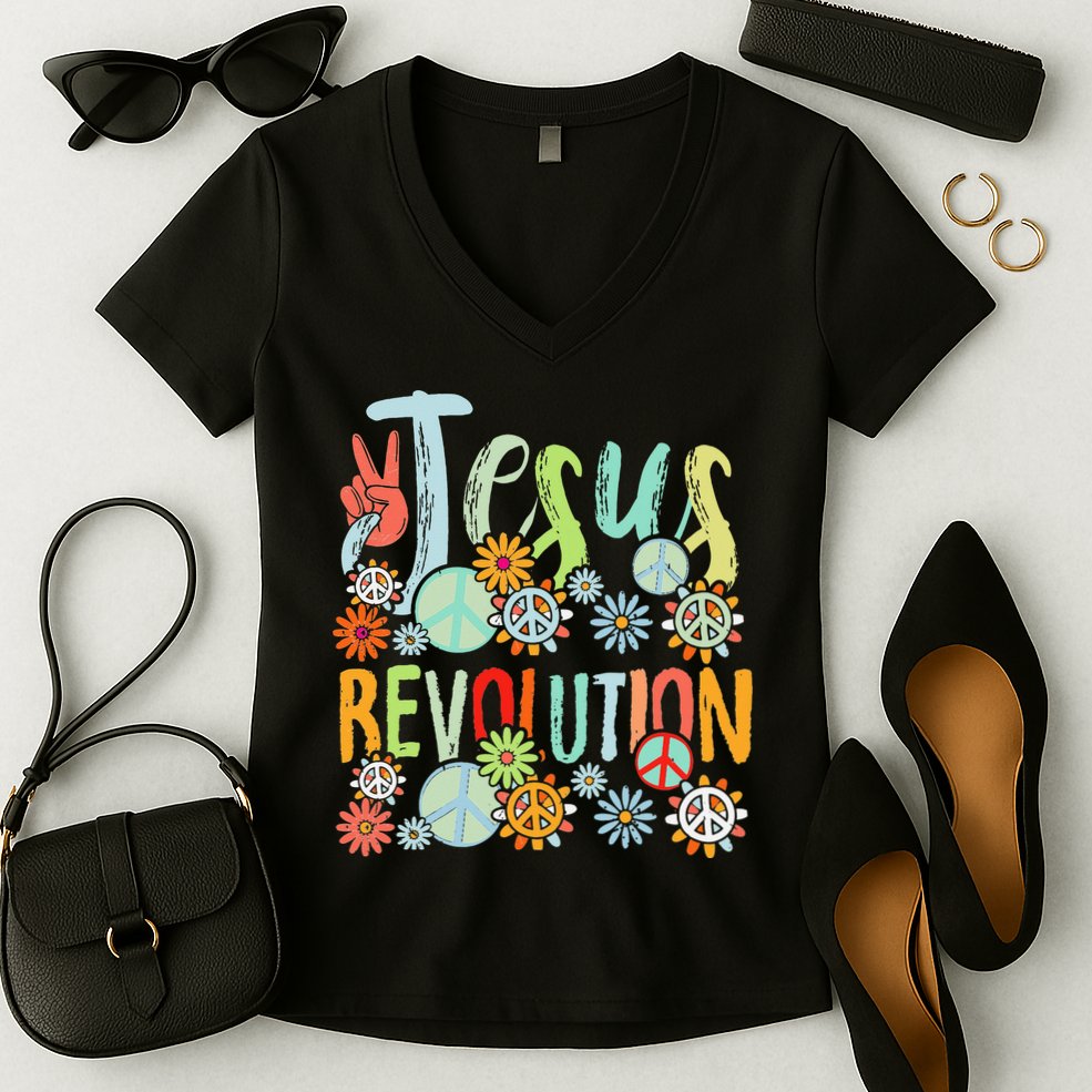 Jesus Revolution Faith Retro Groovy Flower Peace Sign Women's V-Neck T-Shirt