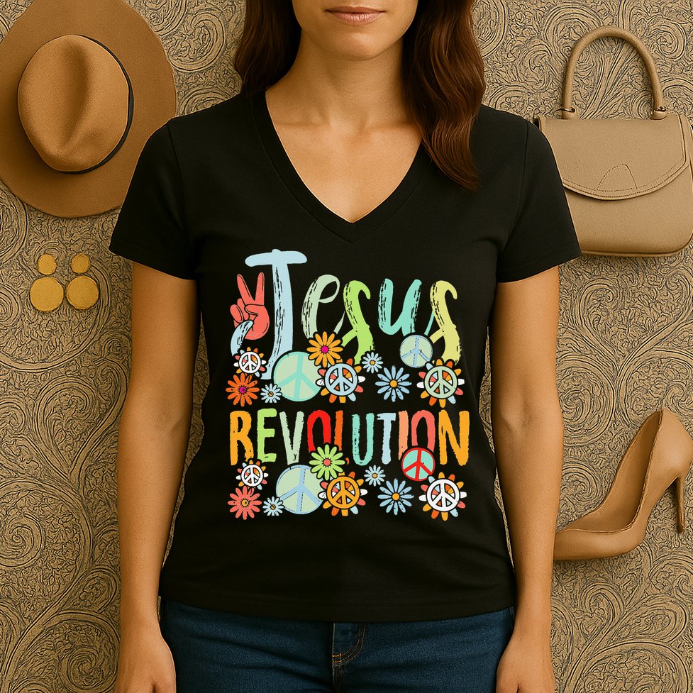 Jesus Revolution Faith Retro Groovy Flower Peace Sign Women's V-Neck T-Shirt