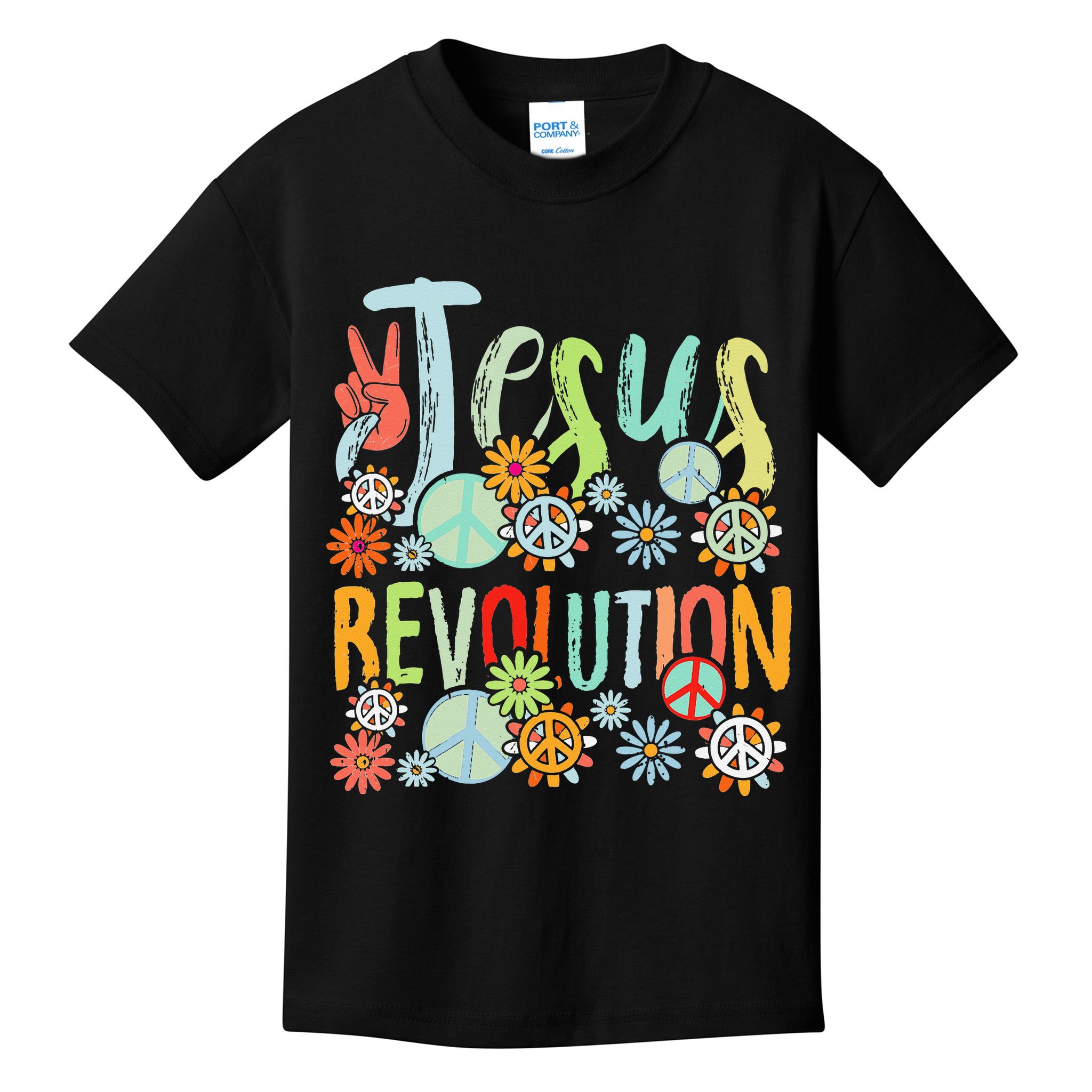Jesus Revolution Faith Retro Groovy Flower Peace Sign Kids T-Shirt