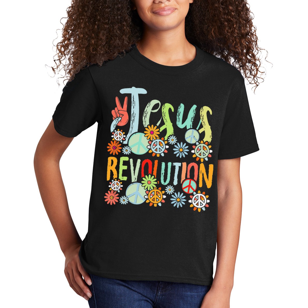 Jesus Revolution Faith Retro Groovy Flower Peace Sign Kids T-Shirt