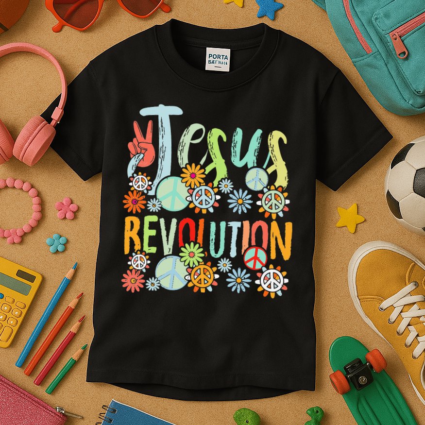 Jesus Revolution Faith Retro Groovy Flower Peace Sign Kids T-Shirt