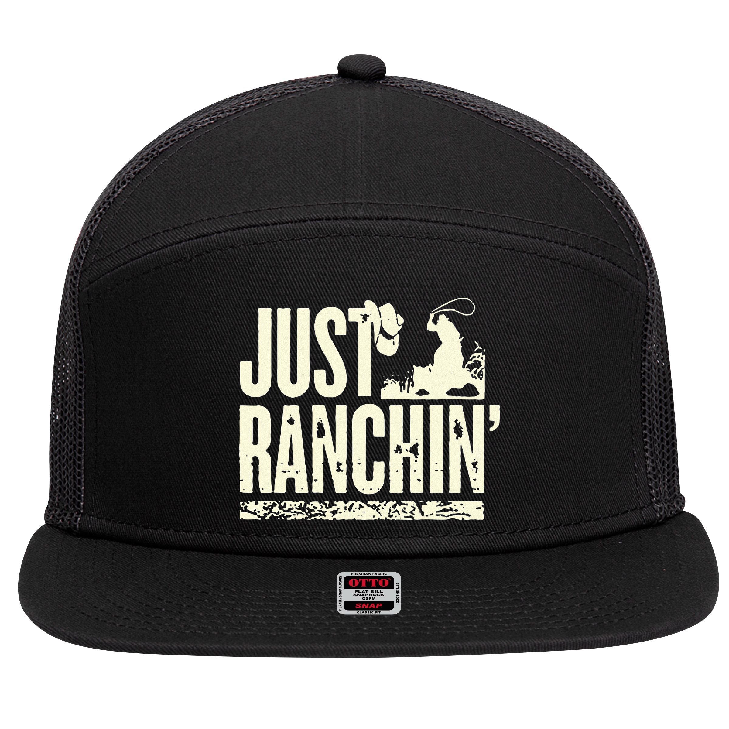 Just Ranchin Farmer Cowboy Horse Cow Rodeo Lovers 7 Panel Mesh Trucker Snapback Hat