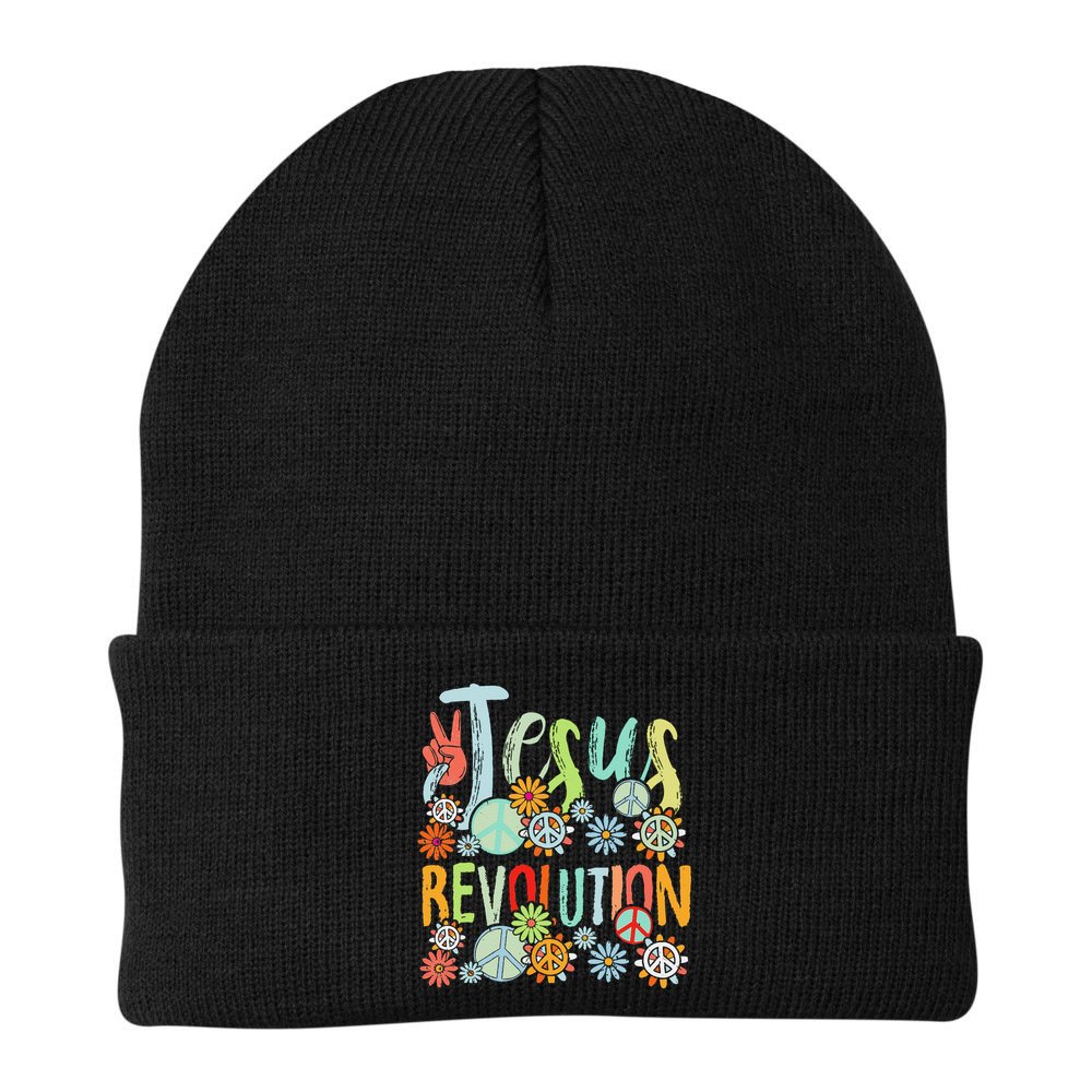 Jesus Revolution Faith Retro Groovy Flower Peace Sign Beanie