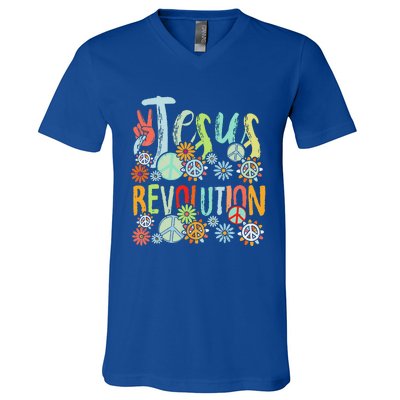 Jesus Revolution Faith Retro Groovy Flower Peace Sign V-Neck T-Shirt