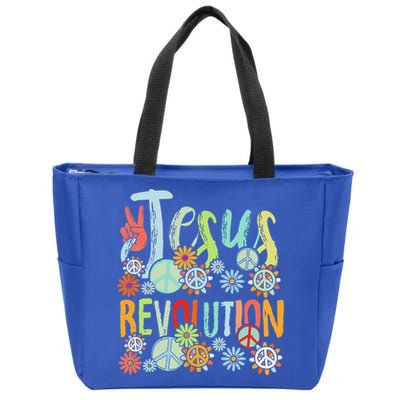 Jesus Revolution Faith Retro Groovy Flower Peace Sign Zip Tote Bag