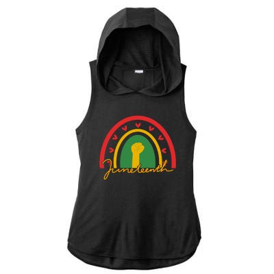 Juneteenth Rainbow Heart Fist Ladies PosiCharge Tri-Blend Wicking Draft Hoodie Tank