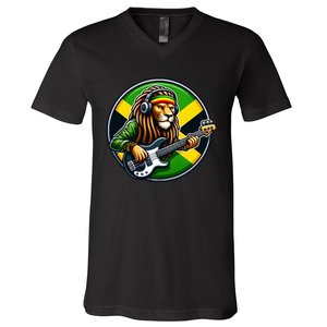 Jamaica Rastafarian Lion Guitar Jamaican Rasta Souvenir 2024 V-Neck T-Shirt