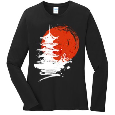 Japanese Red Moon Ladies Long Sleeve Shirt