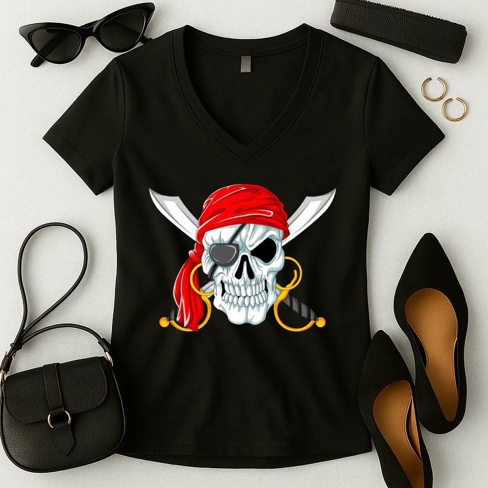 Jolly Roger Pirate Skull Women's V-Neck T-Shirt