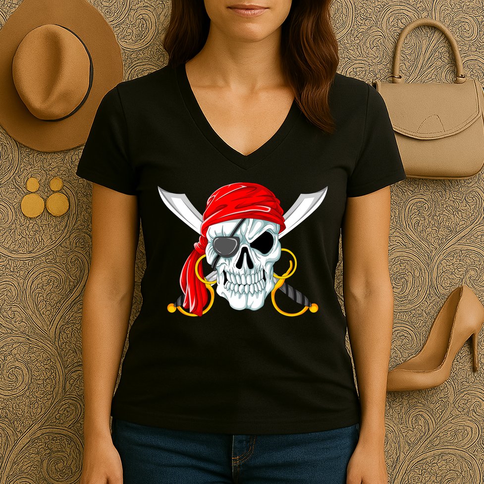 Jolly Roger Pirate Skull Women's V-Neck T-Shirt