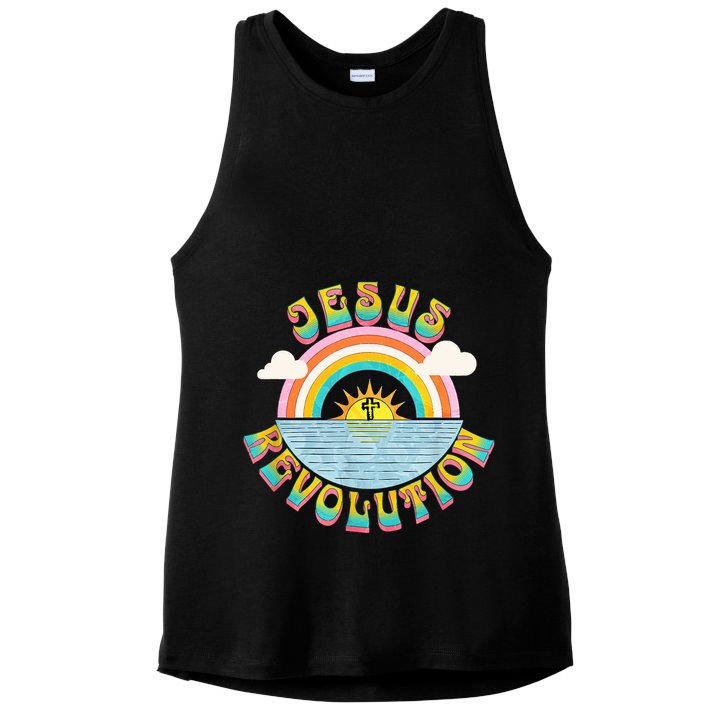 Jesus Revolution People Retro Sun Rainbow Christian Faith Ladies PosiCharge Tri-Blend Wicking Tank