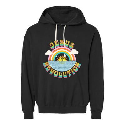 Jesus Revolution People Retro Sun Rainbow Christian Faith Garment-Dyed Fleece Hoodie