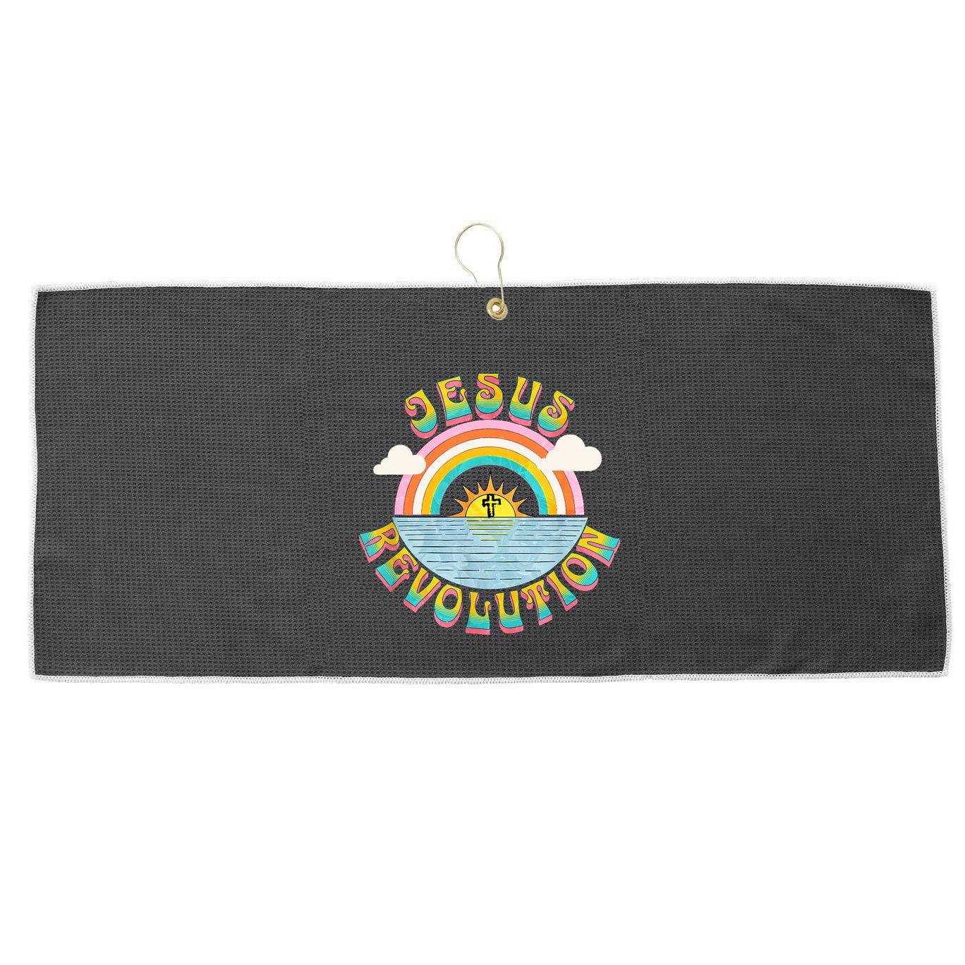 Jesus Revolution People Retro Sun Rainbow Christian Faith Large Microfiber Waffle Golf Towel