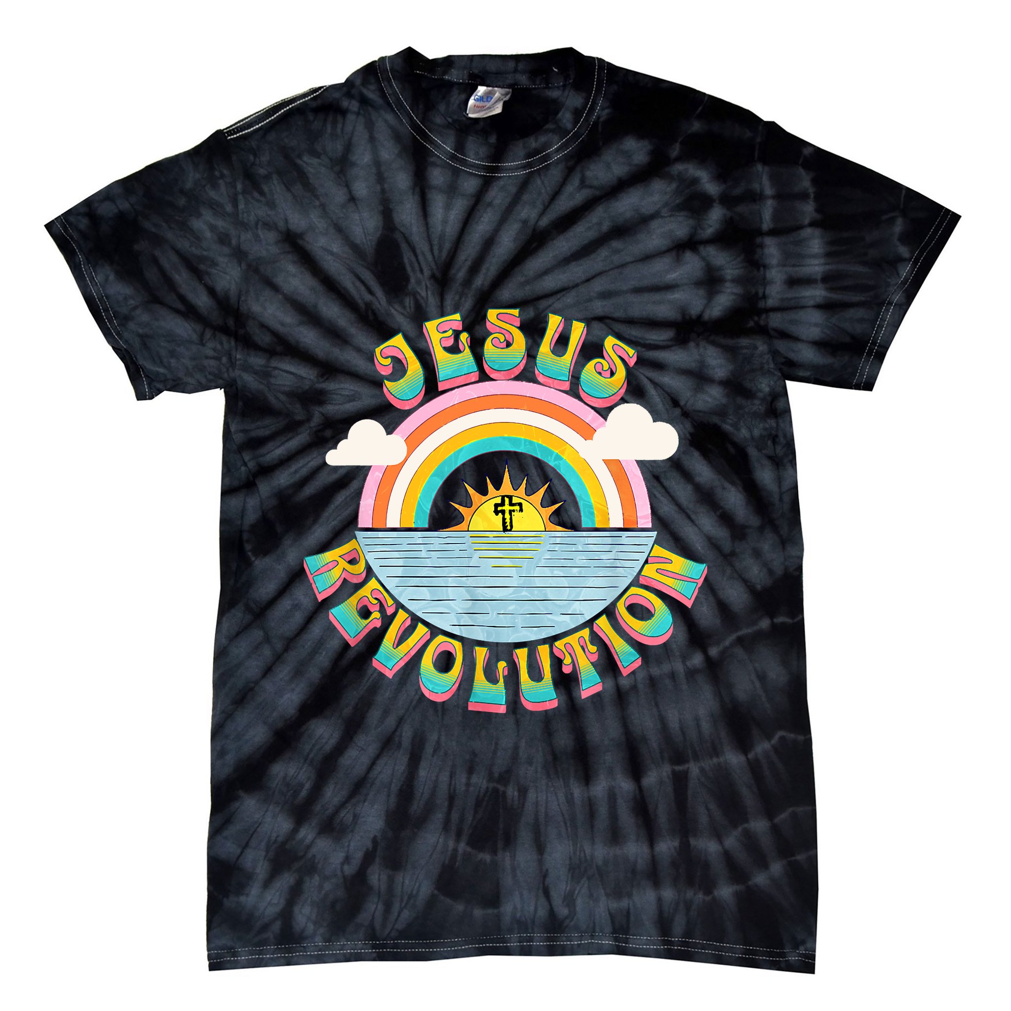 Jesus Revolution People Retro Sun Rainbow Christian Faith Tie-Dye T-Shirt