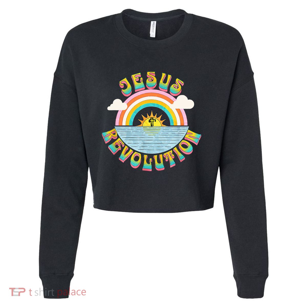 Jesus Revolution People Retro Sun Rainbow Christian Faith Cropped Pullover Crew