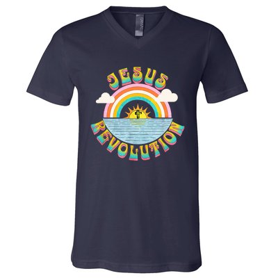 Jesus Revolution People Retro Sun Rainbow Christian Faith V-Neck T-Shirt