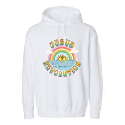 Jesus Revolution People Retro Sun Rainbow Christian Faith Garment-Dyed Fleece Hoodie