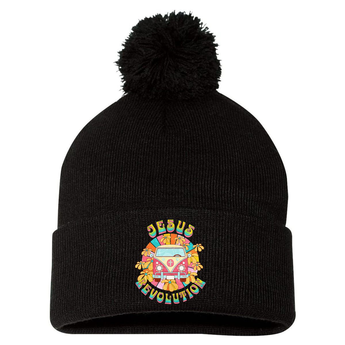 Jesus - Revolution People Retro Van Bus Christian Faith Pom Pom 12in Knit Beanie