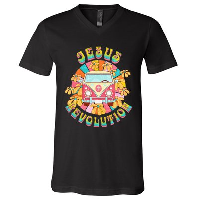 Jesus - Revolution People Retro Van Bus Christian Faith V-Neck T-Shirt