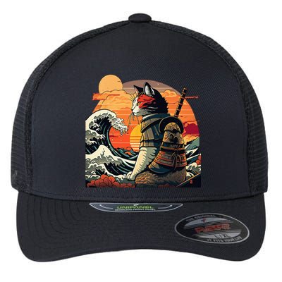 Japanese Retro Samurai Cat The Great Wave By Hokusai Flexfit Unipanel Trucker Cap