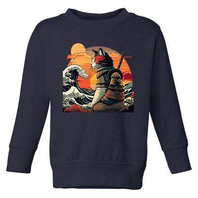 Japanese Retro Samurai Cat The Great Wave By Hokusai Toddler Sweatshirt