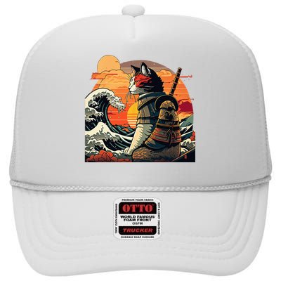 Japanese Retro Samurai Cat The Great Wave By Hokusai High Crown Mesh Back Trucker Hat