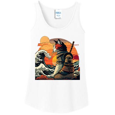 Japanese Retro Samurai Cat The Great Wave By Hokusai Ladies Essential Tank