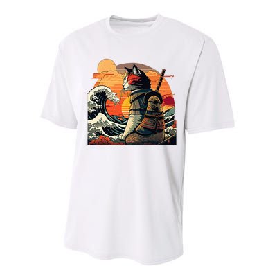 Japanese Retro Samurai Cat The Great Wave By Hokusai Performance Sprint T-Shirt