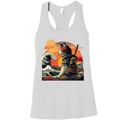 Japanese Retro Samurai Cat The Great Wave By Hokusai Women's Racerback Tank