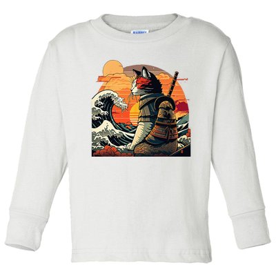 Japanese Retro Samurai Cat The Great Wave By Hokusai Toddler Long Sleeve Shirt