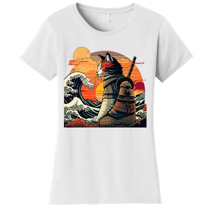 Japanese Retro Samurai Cat The Great Wave By Hokusai Women's T-Shirt