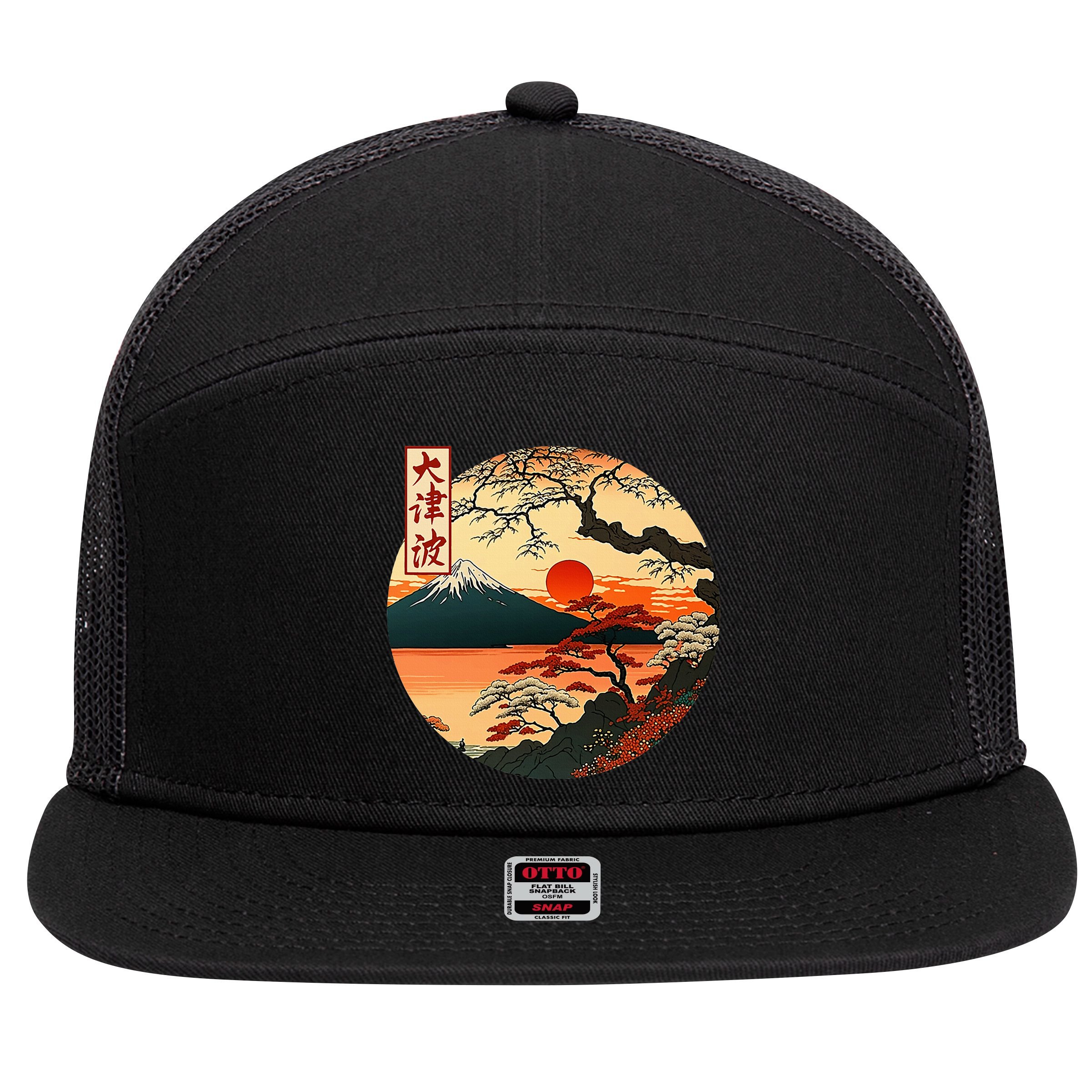 Japanese Red Sunset And Mountain Fuji Kanji 7 Panel Mesh Trucker Snapback Hat