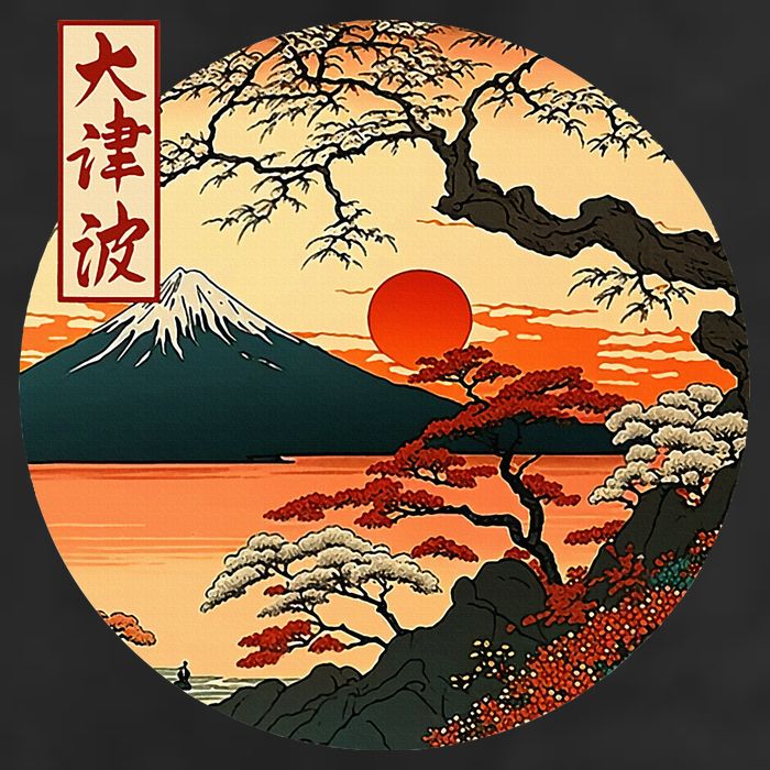 Japanese Red Sunset And Mountain Fuji Kanji 7 Panel Mesh Trucker Snapback Hat